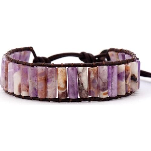 Unique Tube Shape Natural Stones Single Leather Wrap Bracelets Wholesale Handmade Bohemian Weaving Wristband Bracelet