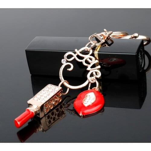 Lipstick Rhinestone Keyring Keyfob Red Lipstick sexy Mouth Pendant Key Chain Keyrings Crystal Jewelry Keychain Women Girl Gift