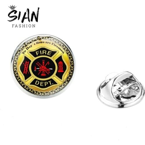 SIAN Firefighter Symbol Stainless Brooch High Grade Silver Plated Glass Metal Brooches Backpack Coat Lapel Pins for Fire Fighter
