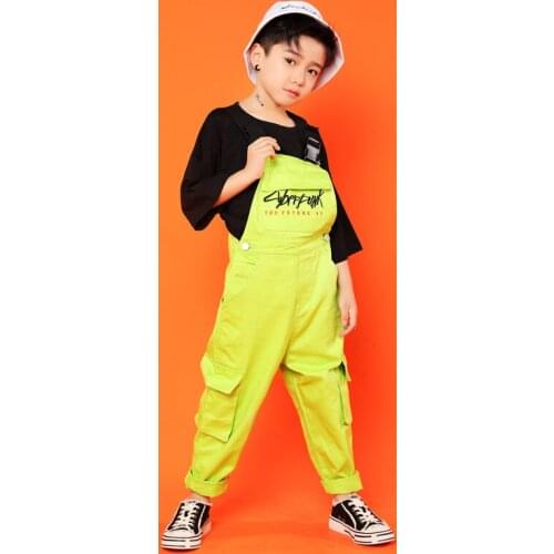Children Hip Hop Dance Costumes Summer Loosed T Shirt Tops Bib Pants Overalls Boys Girls Jazz Dance Stage Clothes Street Wear