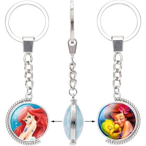 Disney Keychain Mermaid Princess Ariel Children Cartoon Double-sided Rotating Gemstone Birthday Gift Kawaii Key Chain Ring