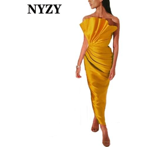 E401B NYZY Africa Arabic Satin Ruffles Ankle-length Mermaid Gold Evening Dresses 2021 Wedding Party Dress Prom Gown
