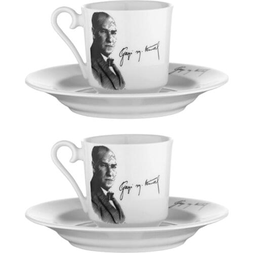 Kutahya Porcelain Ataturk 2 Person Coffee Cup Set Turkish Coffee Espresso 2 Cups + 2 Saucers Gazi Mustafa Kemal %100 Original