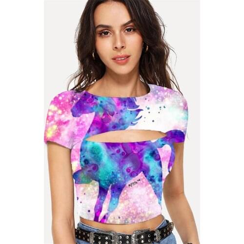 Somepet Unicorn T shirt Women Animal Shirt Print Rainbow Hollow Out T shirts Nebula T-shirts 3d Womens Clothing Sexy Short Style