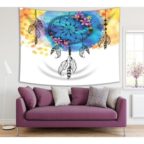Tapestry Boho Style Dreamcatcher Colorful Grunge with Tribal Elements Feathers Beads Flowers Yellow Blue Black Pink Art Print