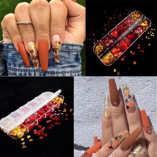 12Colors Nail Art Holographic Maple Leaf Sequins 3D Fall Leaf Holo Nail Art Flakes Colorful Confetti Glitter Sticker Decals