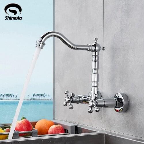 Chrome Polish Kitchen Faucet Wall Mount Dual Handle Hot And Cold Water Kitchen Sink Faucet Mixer Taps Bathroom Faucet Basin Tap