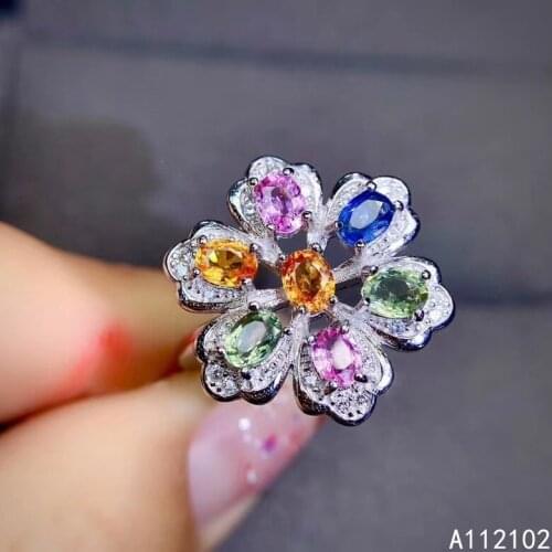 KJJEAXCMY fine jewelry 925 sterling silver inlaid Natural color sapphire Girls' luxury rainbow color gem flower ring support tes