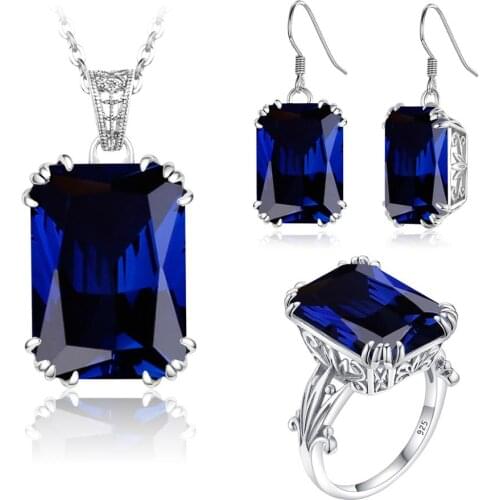 Women Jewelry Set Luxury Earrings 925 Sterling Silver Ring Pendant Drop Earrings Rings Blue Sapphire Fine Jewelry For Women sets