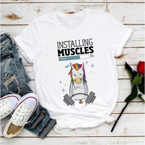 Cute Bodybuilding unicorn installing muscle funny t shirt women summer new casual short tshirt femme cute streetwear t-shirt