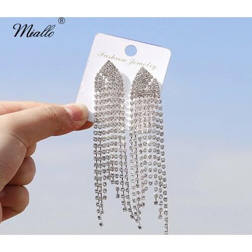 Miallo Fashion Long Chain Rhinestone Tassel Earrings for Women Accessories Silver Color Drop Earrings Trendy Party Jewelry Gifts