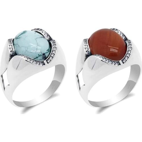 Real Pure 925 Sterling Silver Men Ring with Turquoise/Red Agate Simple Thai Silver Gemstone Male Women Gift Turkish Jewelry