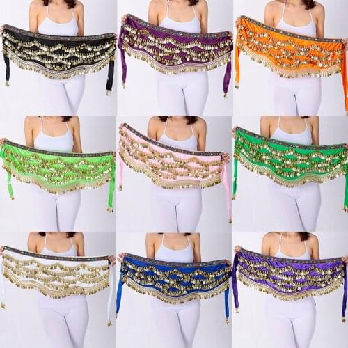 Belly Dancing Costume Hip Scarf Indian Dancer Belt Velvet Beaded Gold/Silver 310 Coins Dance Performance Training Wrap Skirt