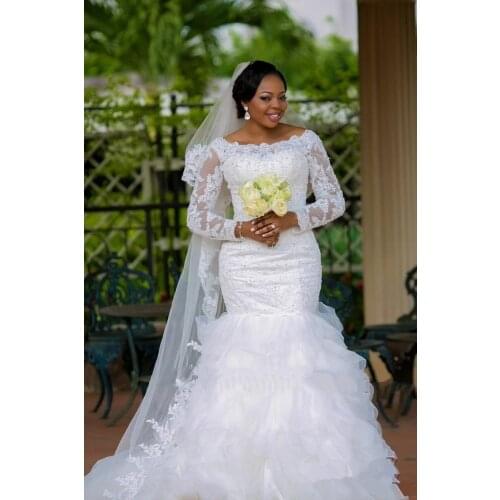 African Bride Dresses Vintage Long Sleeves Mermaid Sexy Ruffles Organza Bridal Gown Wedding Dresses