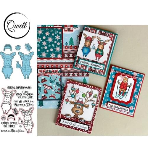 QWELL Moose Headphone Snowflake Cutting Dies & Clear Stamps Combos Words Merry Christmas DIY Scrapbooking Making Template 2020