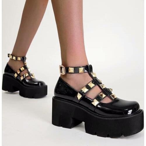 Plus Size 34-43 Shoes Women 2021 Punk Rivet Platform Heels Casual Round Toe Thick Vintage Shoes Fall Creepers Harajuku Shoes