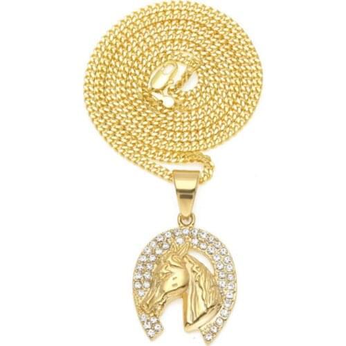 Luxury Iced Out Shiny Zircon Horse Head Pendant Necklace Punk Gold Animal Chain Necklaces for Women Men Hip Hop Jewelry