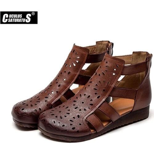 Women Sandals Genuine Leather Women Hole sandals Summer Shoes Women High top sandals Female Summer Sandalias