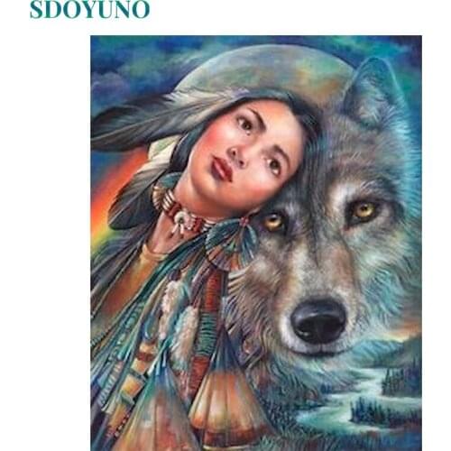 SDOYUNO 60x75cm Oil Painting By Numbers Women And Wolf DIY Paint By Numbers For Adult Frameless Digital Painting On Canvas