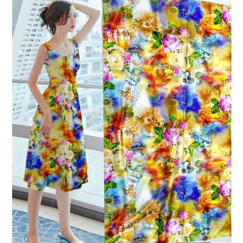 Discount New fashion super fashion designs silk satin yellow flowers printing fabrics blouse dresses silk fabric by the textile