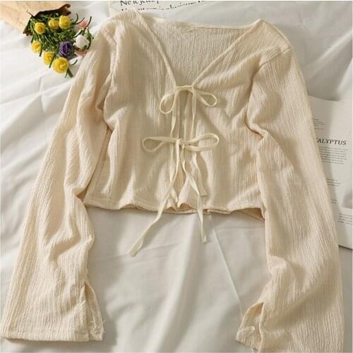 Spring Autumn Long Sleeve T Shirts Sweet Cute Crop Top For Girls Women Chic Fashion Streetwear Lace Up Cardigan Shirt Cropped