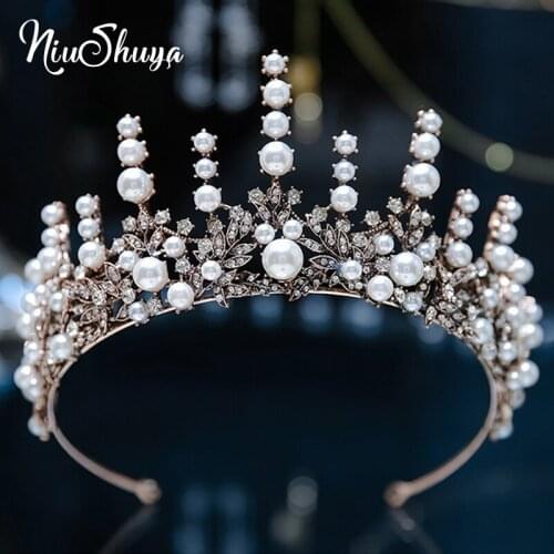 NiuShuya Vintage Retro Gold Bridal Tiaras Crowns Headband Crystal Rhinestone Pageant Bride Hair Accessories Pearl Wedding Crown