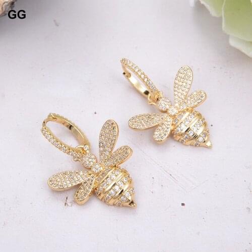 GuaiGuai Jewelry Cubic Zirconia Pave Gold Plated Hoop Earrings Bee Charm Eardrop Jewelry