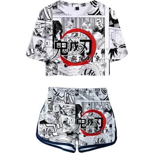 2020 Hip hop Harajuku Summer Kimetsu no Yaiba: Mugen Ressha-Hen 3D Print Casual Two Pieces sets Women Fashion Clothes