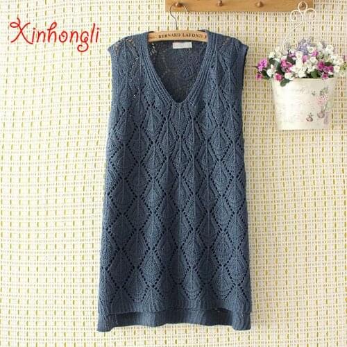 Plus size Pullovers women thin sweaters 2019 spring Casual ladies V-neck sleeveless wool Crocheted knitted sweater female tops