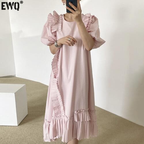 [EWQ] 2021 Summer New Panelled Robe Sweet Trendy Ladies Modern Lady Dresses Irregular Puff Sleeve Pink Apricot Dress 16W666