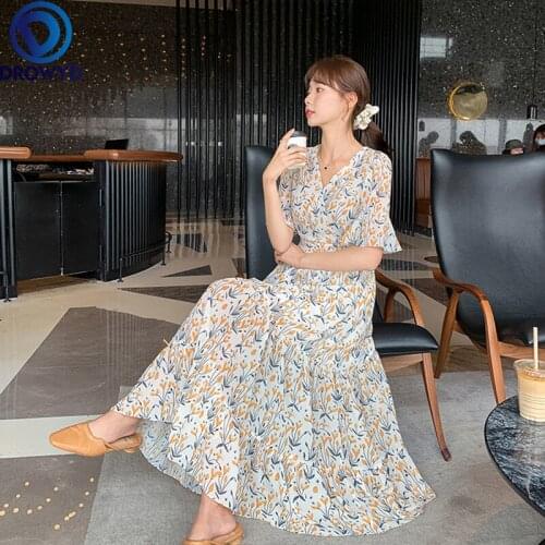 DROWYD Vintage Print Elegant Long Dress Women Summer Floral Chiffon Dresses Slim V-neck Ankle-length Casual Party Dress Vestidos