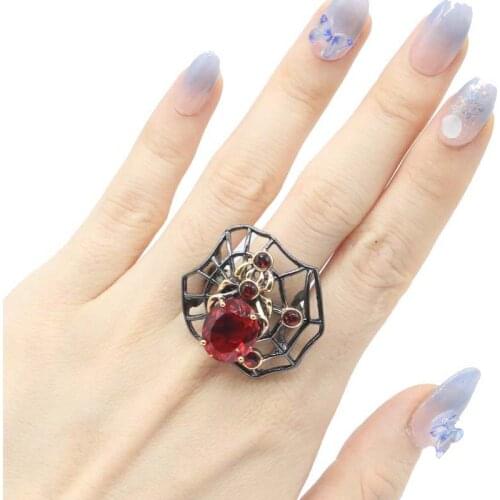 32x32mm Unique Neo-Gothic Spider 9.7g Created Orange Spessartine Garnet Hiphop Street Cool Black Metal Silver Rings