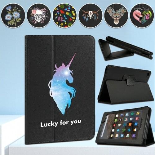 Flip Tablet Case for Amazon Fire 7 /Fire HD 8 /HD 10 Alexa PU Leather Back Suppor Color Cartoon Pattern Protective Case+Stylus