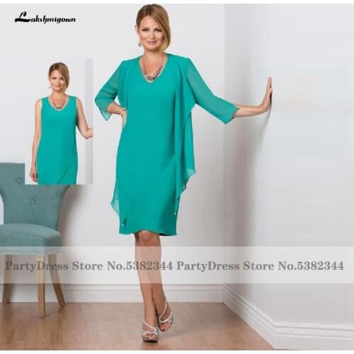 Cheap Turquoise Mother of The Bride Dress with Jacket 2020 Elegant Women Evening Party Dress Knee Length Vestidos Largos