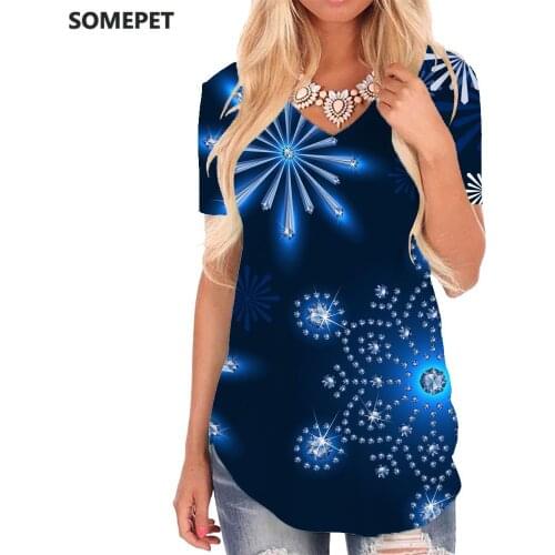 SOMEPET Christmas T Shirt Women Snowflake T-shirts 3d Painting Funny T shirts Pattern V-neck Tshirt Womens Clothing Fashion Cool