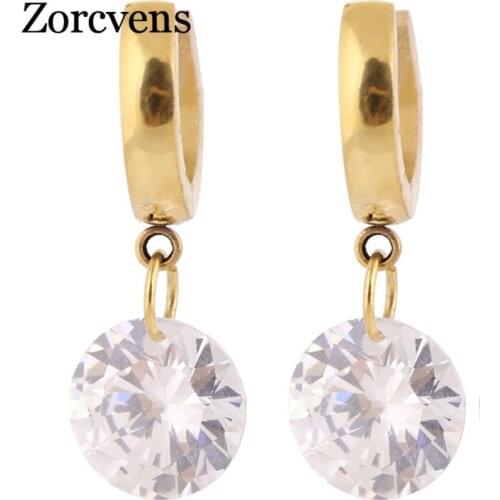 ZORCVENS Classic Shining Cubic Zirconia Jewelry Gold Stainless Steel Drop Earrings for Women
