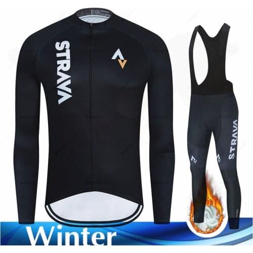 Mens Winter Cycling Clothing Strava Thermal Fleece Long Sleeve Cycling Jersey Set Ropa Ciclismo MTB Bike Maillot Bike Uniform