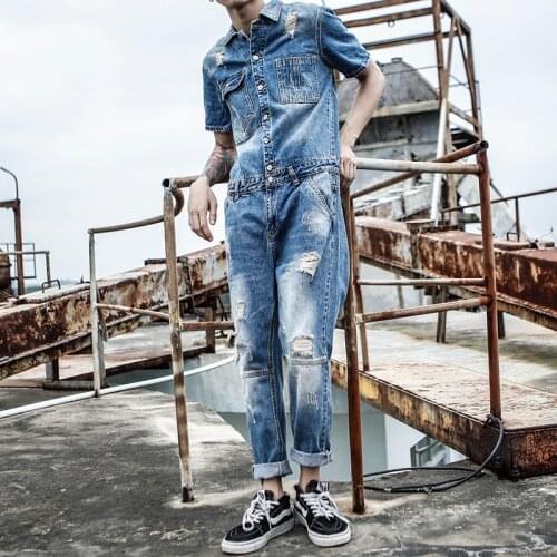 Mens jumpsuit Mens Korean version of Slim Denim clothing Hole Denim Suit Mens Short-sleeved Overalls