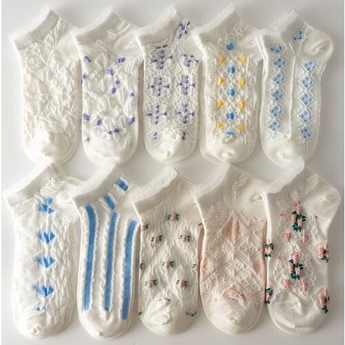 5 pairs of womens socks kawaii crystal glass silk lace socks Japan cute style summer fashion hollow white print short socks