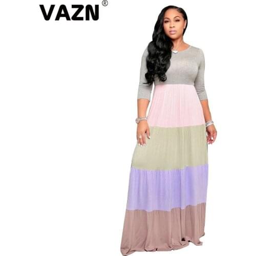 VAZN 2020 New High-end Patchwork Free Vacation Plus Size Sexy Young Free Full Sleeve Women High Waist Ball Gown Maxi Dress