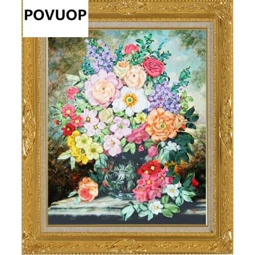 POVUOP New arrival ribbon embroidery paintings 60X 50cm 3d print cross stitch fashion three-dimensional embroidery