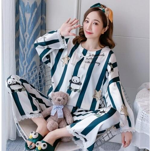 Chicnymph Autumn Silk Satin Pajamas Print Cartoon Round Neck Pyjamas Women Pijama Mujer Long Sleeve Sleepwear Homewear Set