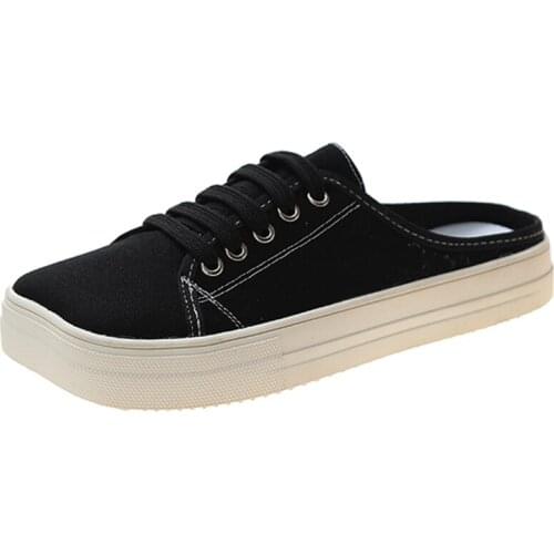 Canvas shoes female square head Baotou half slippers female breathable comfortable lazy shoes sandals and slippers womens shoes