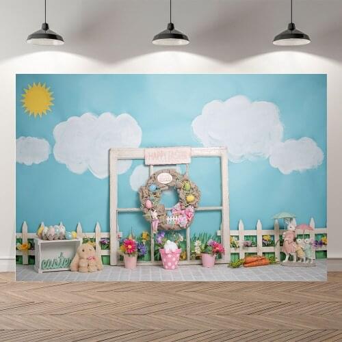 Easter Backdrop for Photography Spring Bunny Meadow Eggs Sky Cloud Baby Kids Photo Background Decorations for Photo Studio