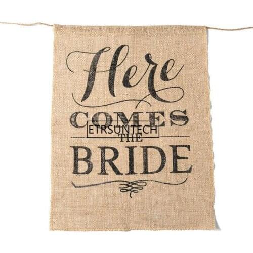 Here Comes The Bride Burlap Chair Banner For Wedding Flag Rustic Ceremony Party Direction Signs Photobooth Props 15 x 20 Inches