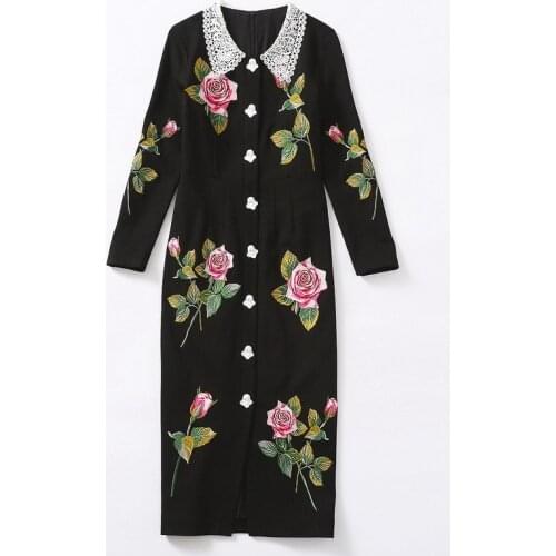 Chic Women autumn floral embroidery dress High quality women elegant black dress C237