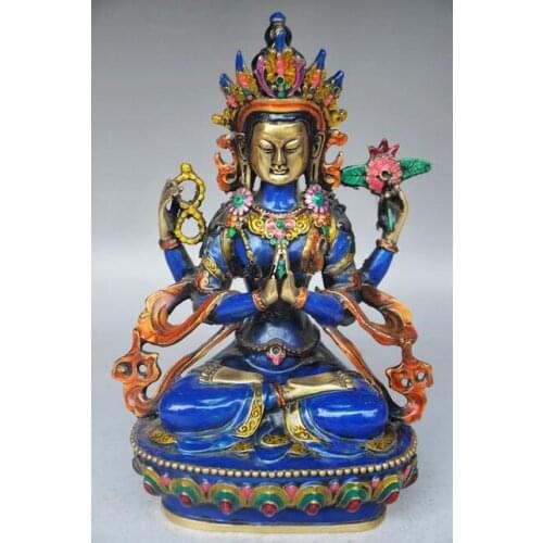 Antique handmade Copper cloisonne Four arm Buddha statue