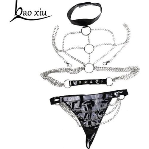 Couples Sexy Women Patent Leather Bulge Pouch G-string Underwear with Chain Waist Wetlook Open Butt Jockstrap Female Underwear