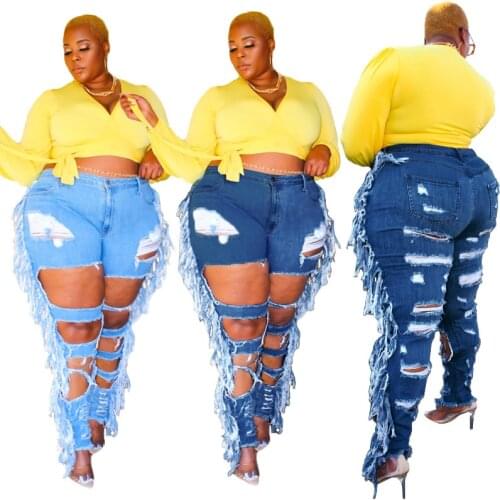 Skinny Jeans Woman High Waist Ripped Plus Size XL~5XL Hole Tassel Bodycon Vintage Trousers Pants Ladies Denim Jean Femme