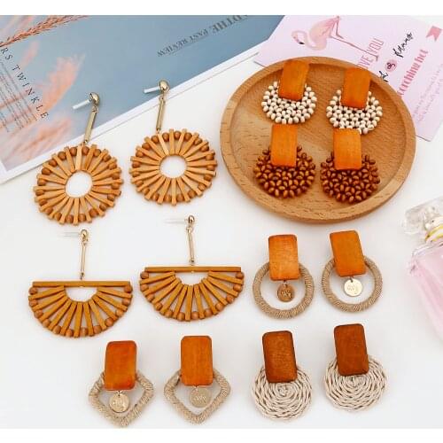 YAOLOGE 2019 Vintage Rattan Wooden Drop Earrings Handmade Geometric Bamboo Round Party Statement For Women Bar Jewelry Wholesale